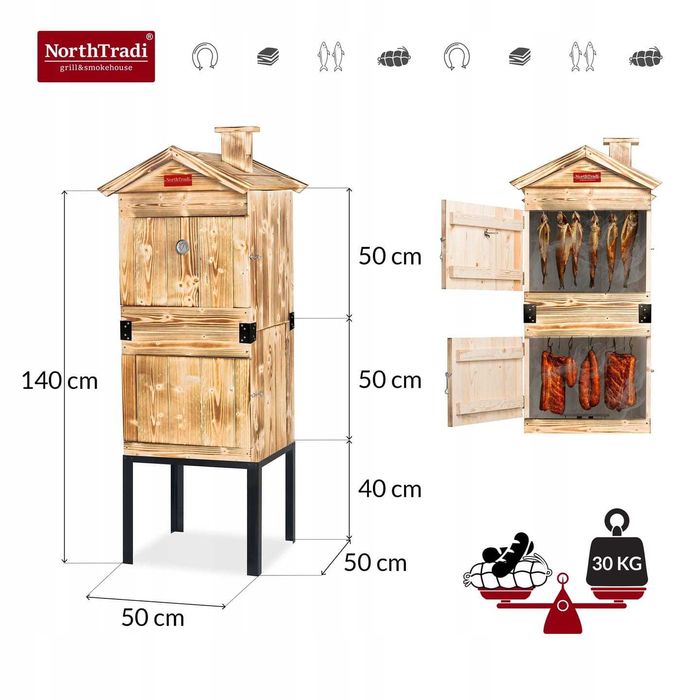 XXL Duża Wędzarnia Ogrodowa Drewniana Wędzok Palenisko Haki Rury