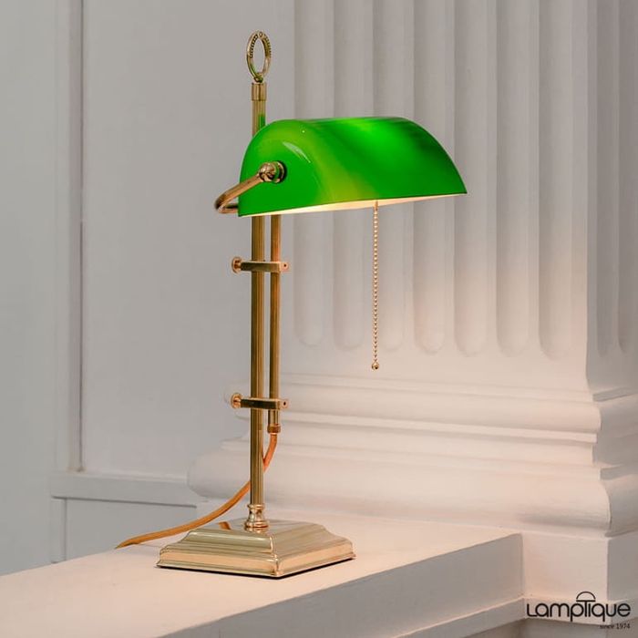 Lampa bankierska z mosiądzu - zielony, ręcznie dmuchany klosz