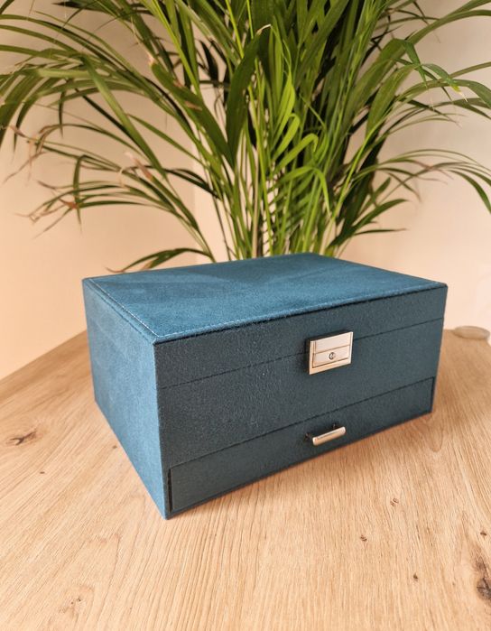 Szmaragdowy luksusowy kuferek na biżuterię z kluczykiem nowy duży XXL