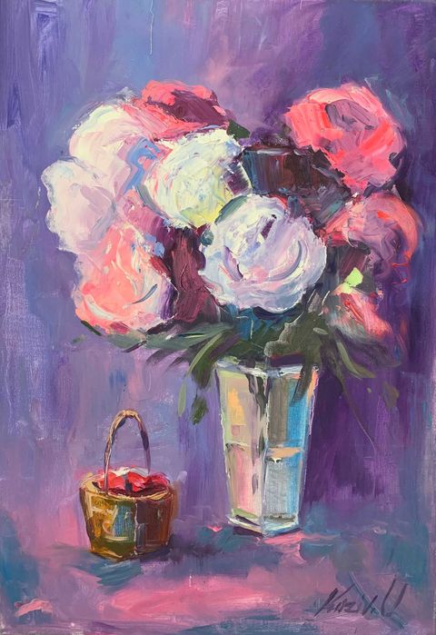 Картина квіти, піони, троянди; полотно, олія