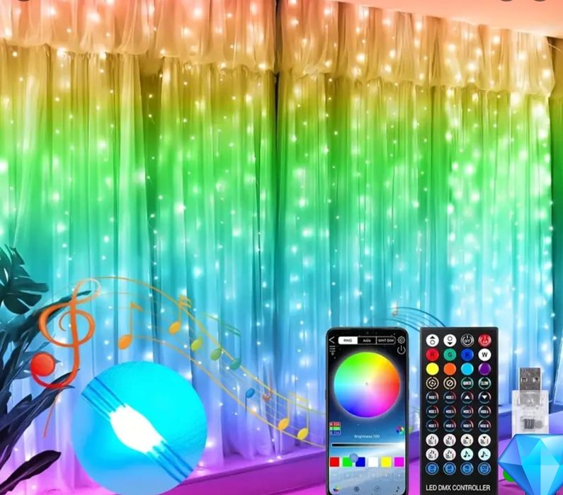 Розумна гірлянда-штора RGB,3×1м,3х2м,3×3 м 255 режимів, Blueto