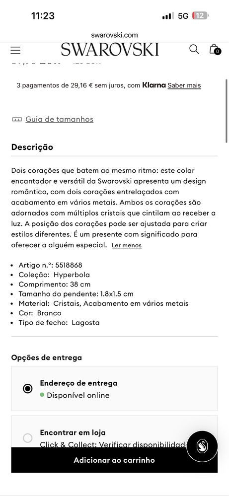 Colar Hyperbola Coração, Branco, Acabamento de combinação de metais