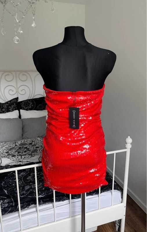 Czerwona marszczona cekinowa sukienka sequin red bandeau 40 L 38 M