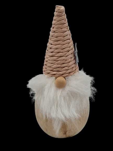 Drewniany skrzat krasnal z różową czapeczką