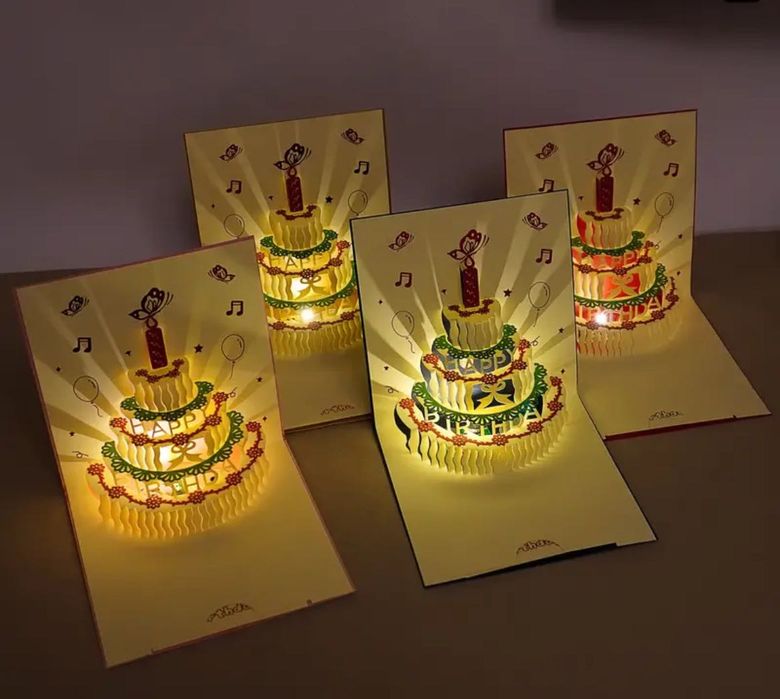 Muzyczna świecąca kartka 3D urodzinowa z kopertą i kieszonką