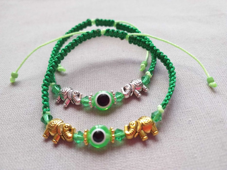 Pulseira em Macramê Olho Turco entre Elefantes Verde Claro