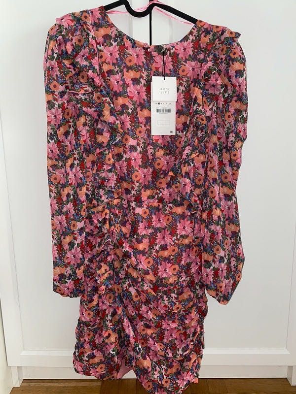 ZARA! Sukienka w kwiaty drapowana mini boho bufiaste rekawy S