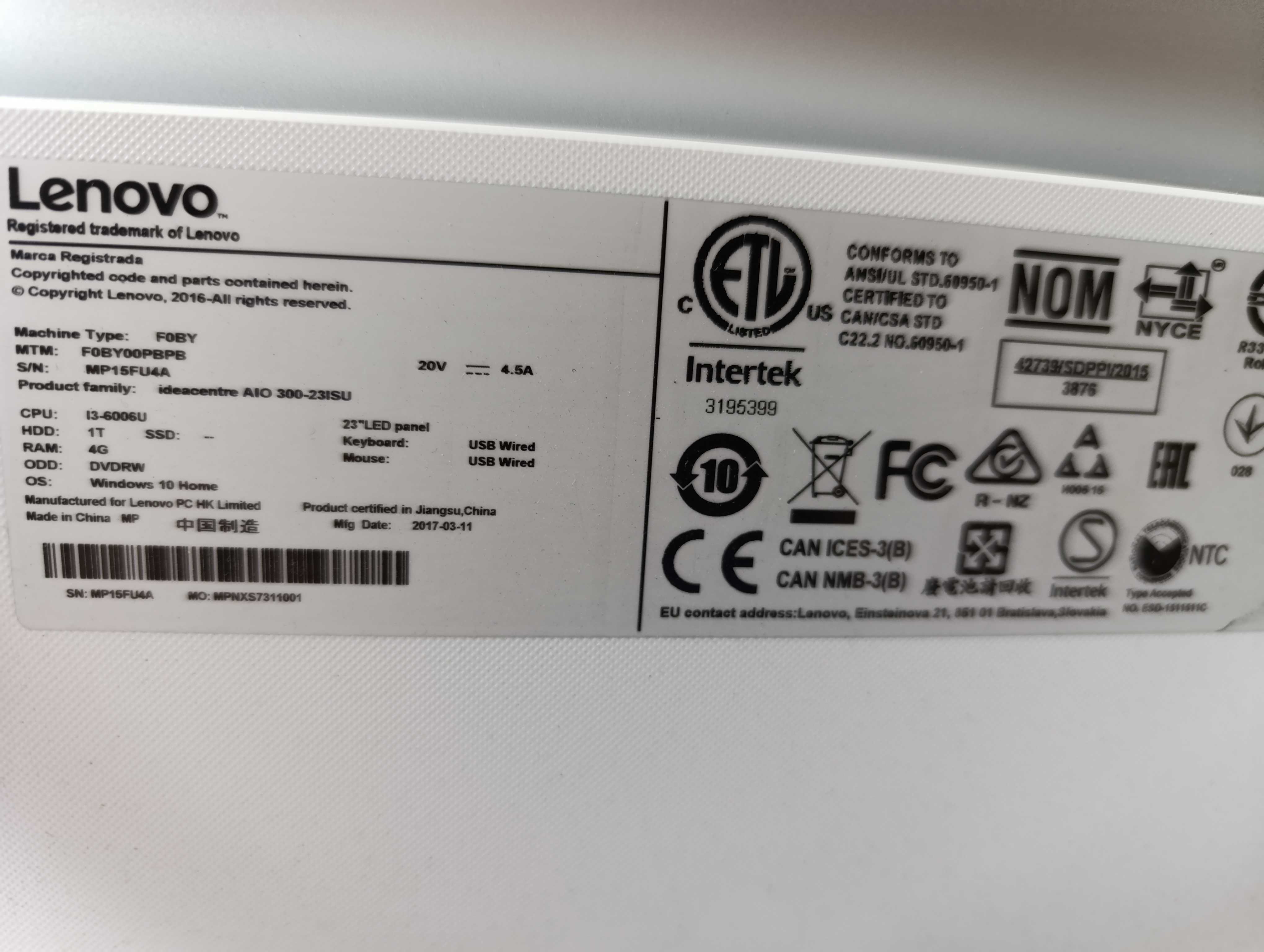 Lenovo Ideacentre , typ MTM FOBY PBPB , SN MP15 FU4A, 23 ", Win11