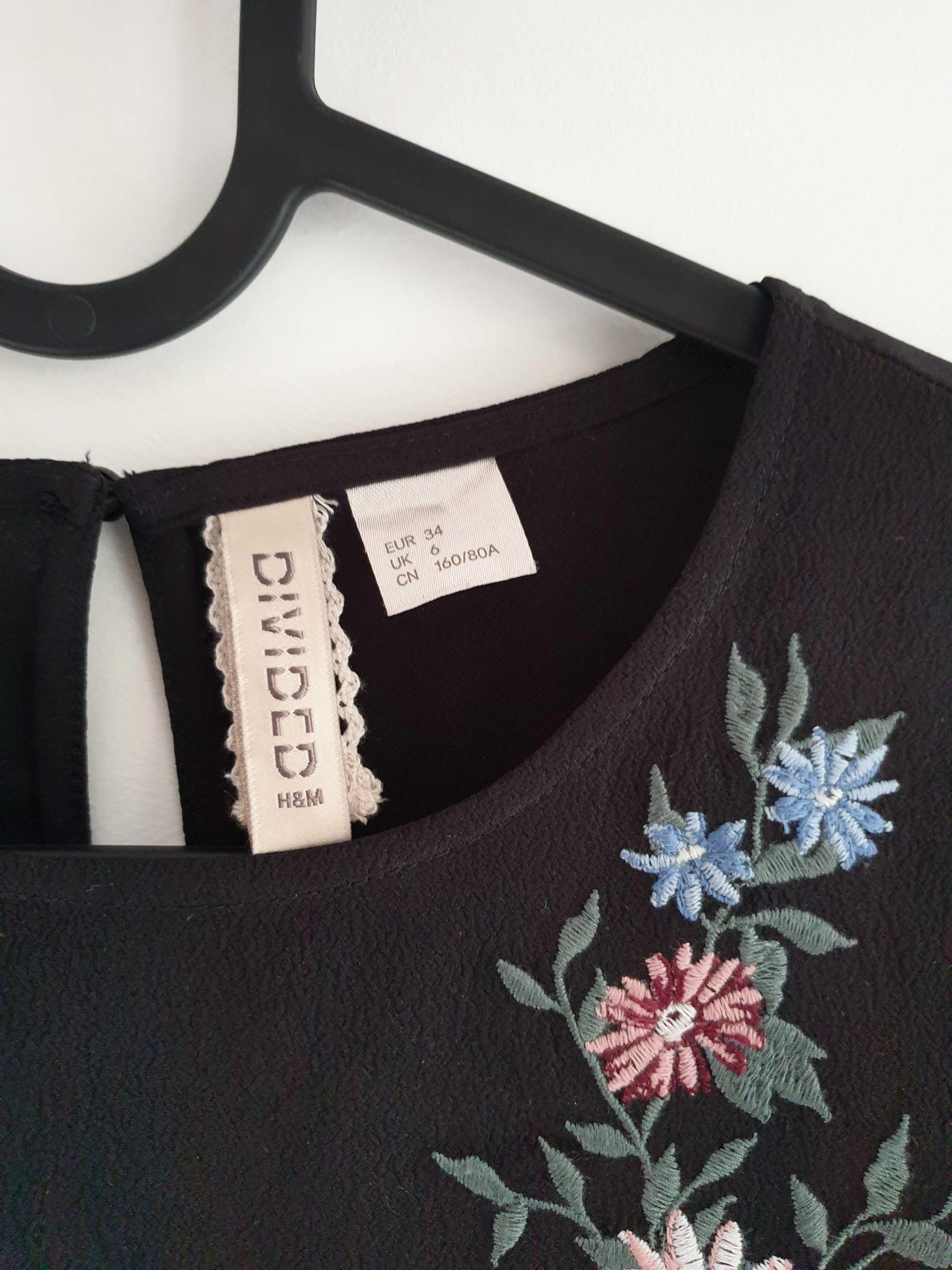 Sukienka H&M czarna w haftowane kwiaty - XS 34