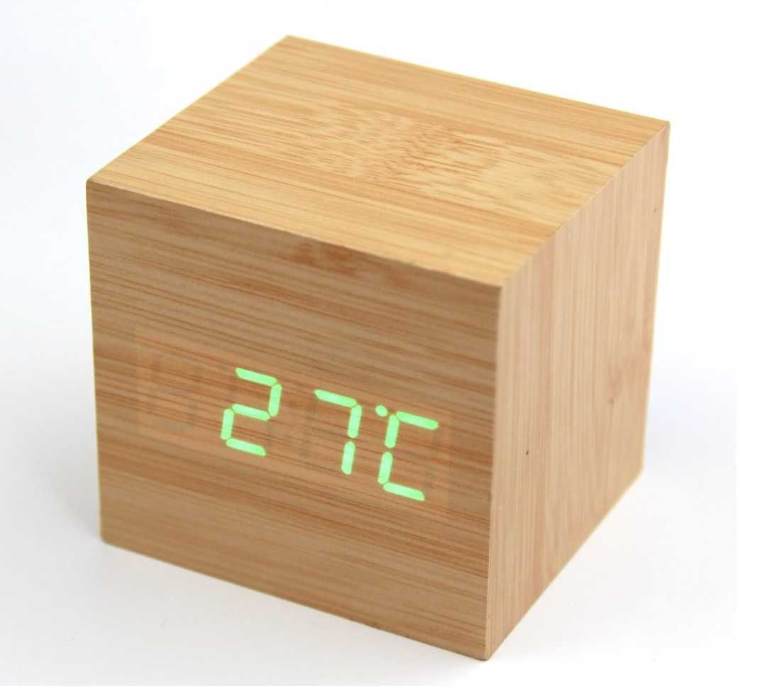 drewniany cyfrowy budzik LED wyświetlacz daty temperatury głos i dotyk