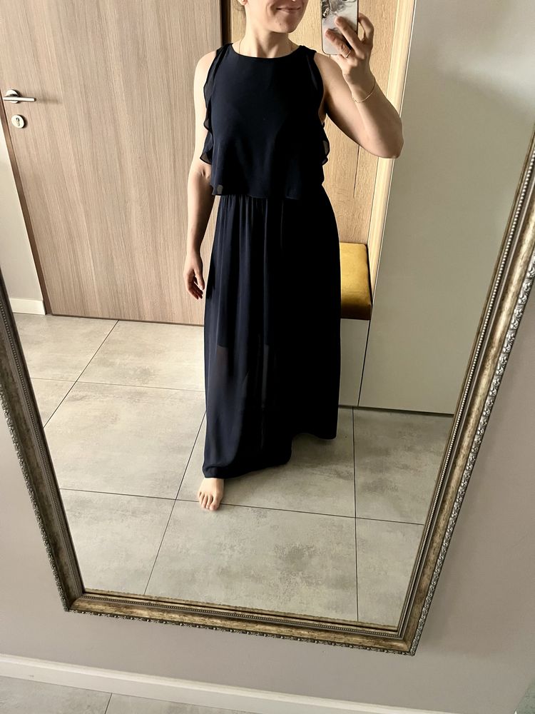 granatowa długa lekka sukienka, rozm 36, H&M, na lato idealna