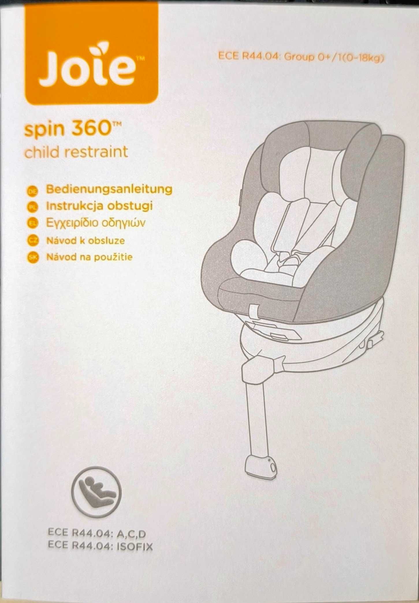 Fotelik sam. Joie spin 360 do 18kg, nieużywany wkład dla niemowlaka.