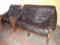 Sofa + fotel drewno/skóra naturalna brąz