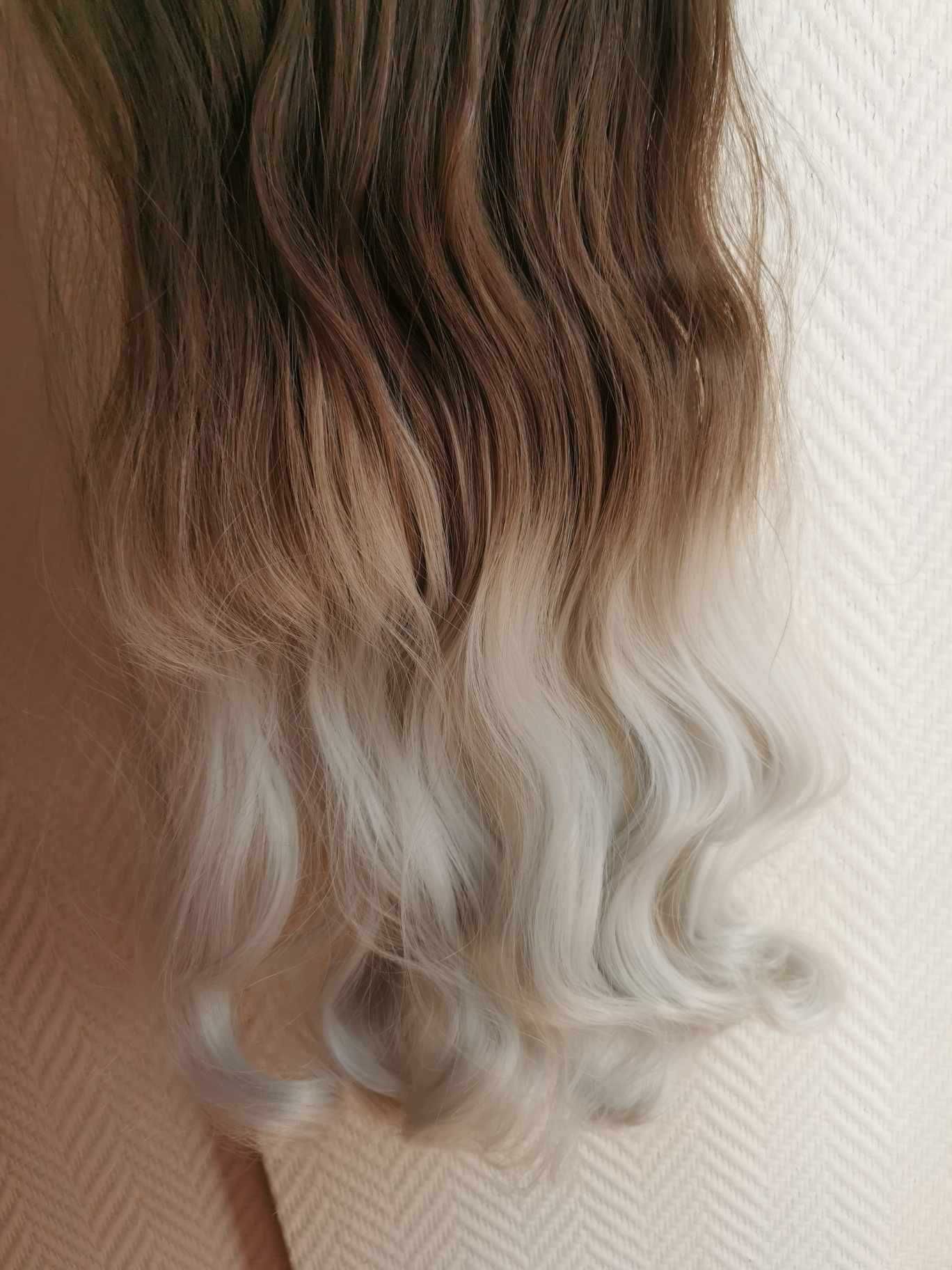 Doczepiane włosy clip in 65 cm ombre brąz srebro