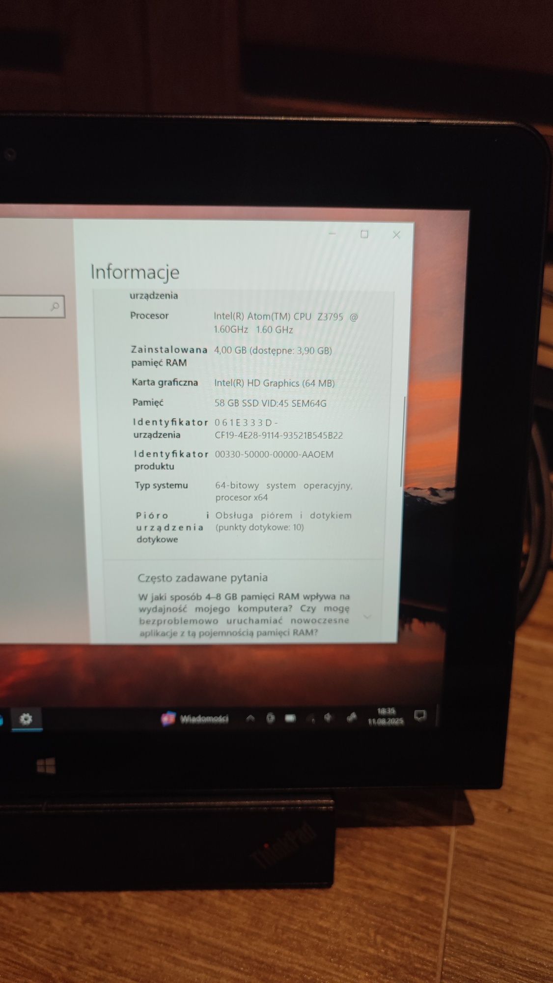 Tablet Lenovo ThinkPad 10 64GB/4GB ram/win10 + stacja dokująca