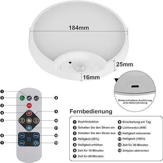 Lampa sufitowa lub ścienna ładowalna czujnik ruchu IP40 500lm nowa