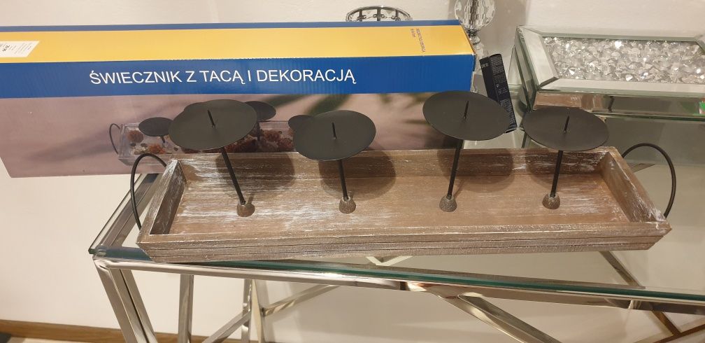 Super świecznik, nowy, z tacą i dekoracją