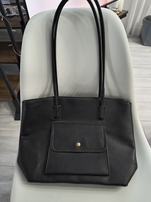 Сумка жіноча з довгими ручками шопер чорна шкіряна прямокутна велика