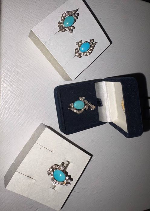 Сережки підвіска каблучка срібло та бірюза