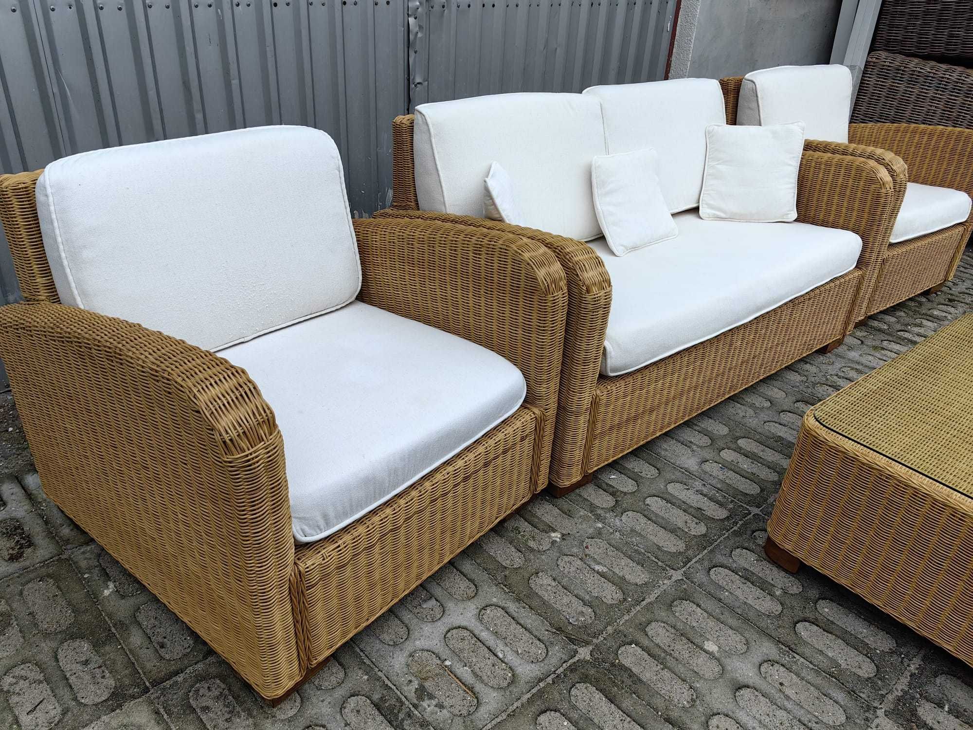 Zestaw Sofa Kanapa 2x FOTEL STÓŁ rattan aturalny z RATTANU GRUBY OPLOT