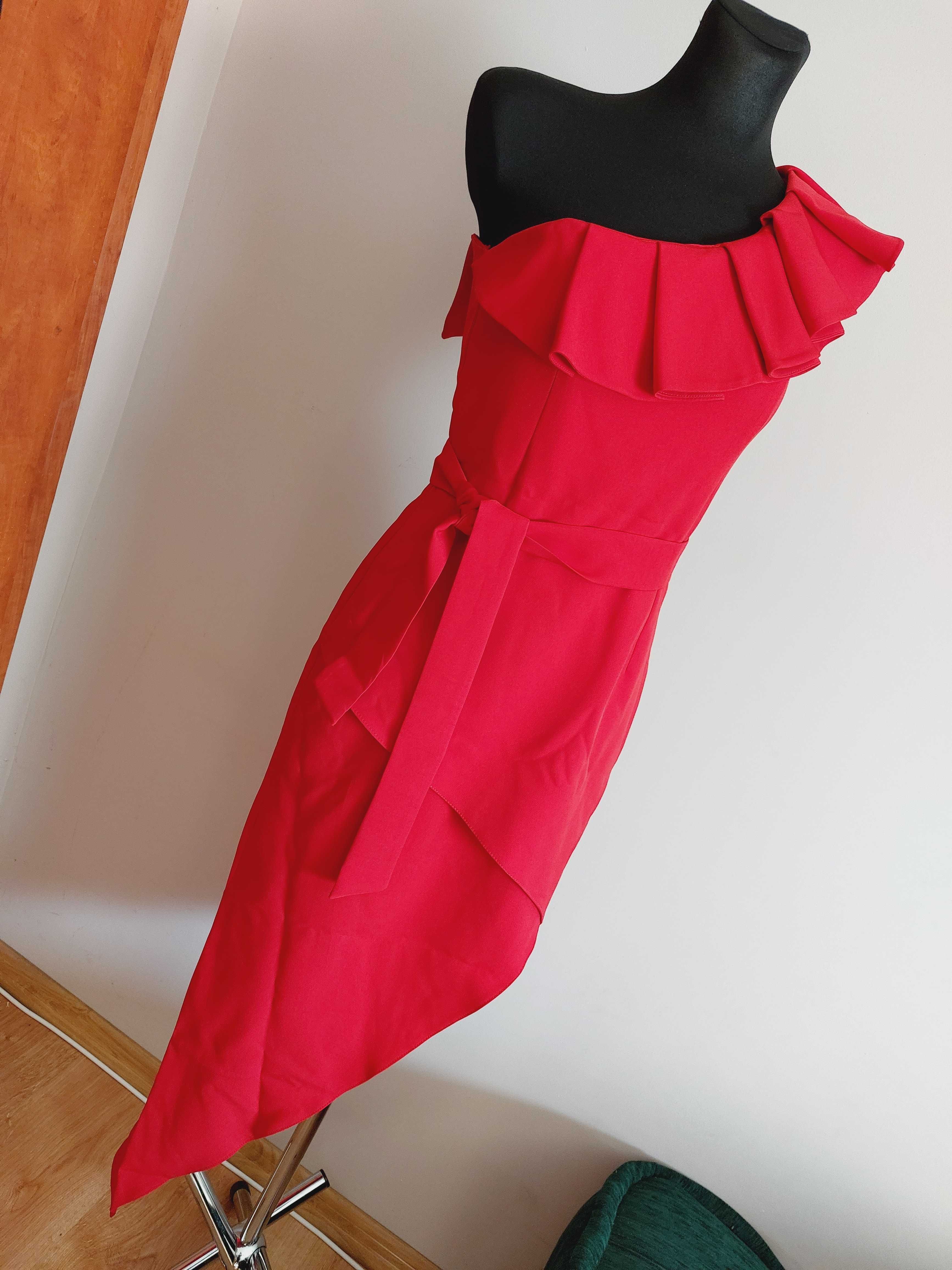 Suknia sukienka midi dluga asymetryczna xs s czerwona na jedno ramię