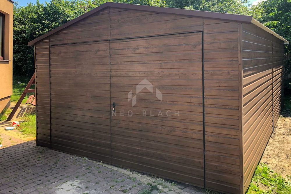 Garaż Blaszany 4X6M Brama - Drewnopodobny - Ciemny Orzech - Nb96