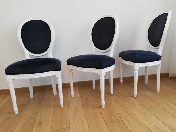 Cena za komplet 4 krzesła klasyczne drewniane granatowo białe salonu