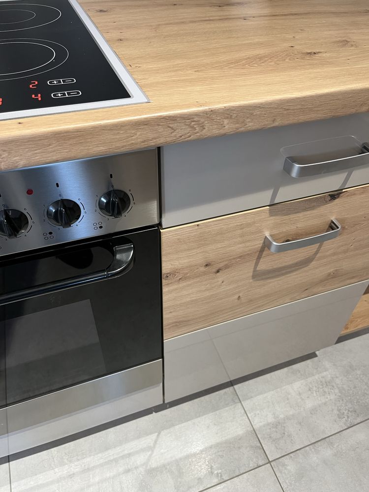 NOWY komplet mebli kuchennych kuchnia biały połysk dąb 310 x 105 rejs