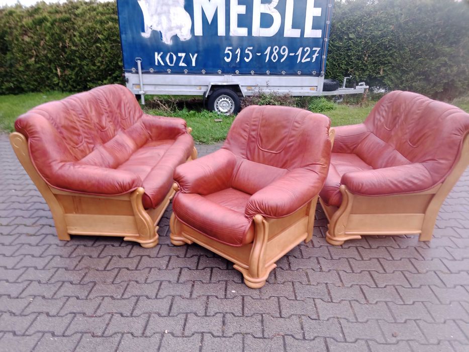 Komplet FLORYDA 3+2+1 i Ława Rozkładana i Podnoszona , Dąb -Skóra Brąz