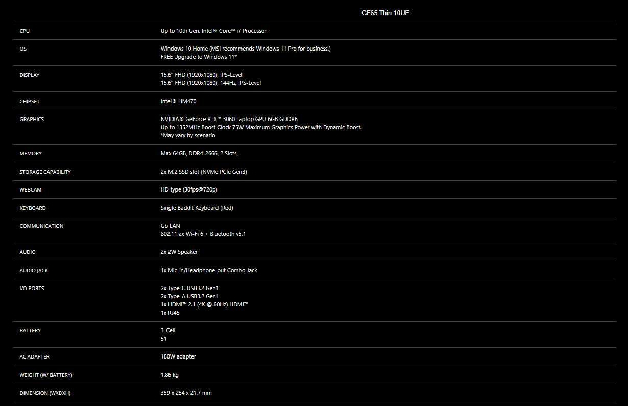 Laptop MSI GF65, Intel Core i7, 8 GB RAM, RTX 3060