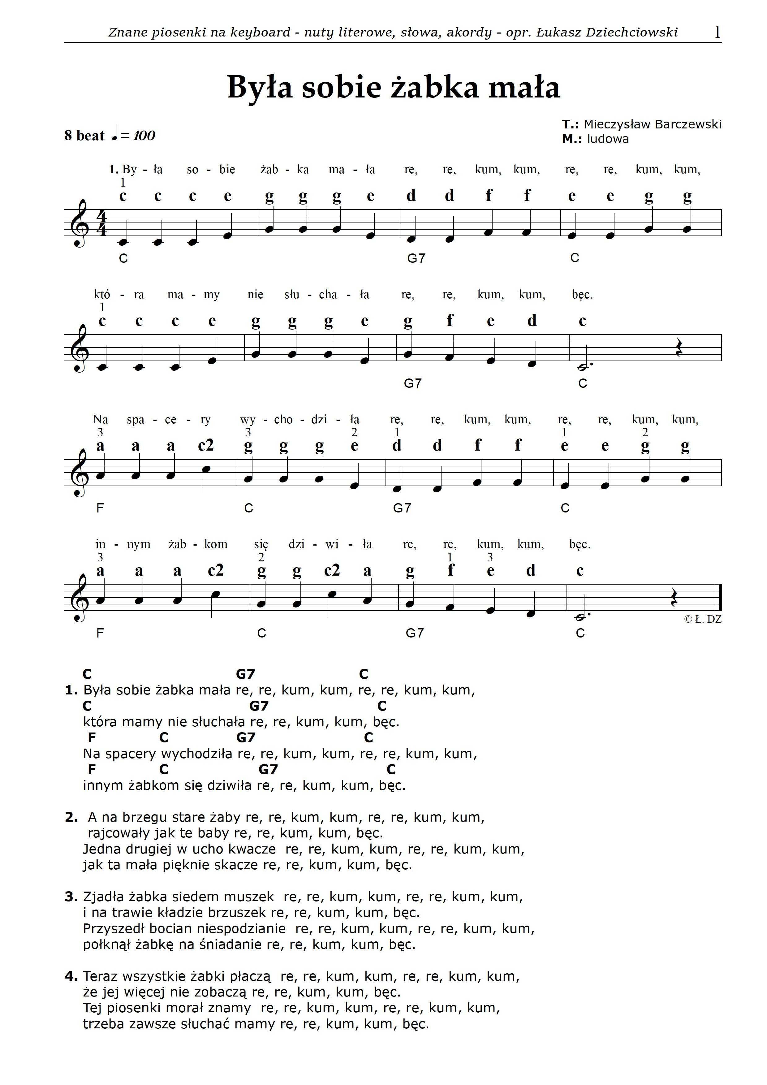 Nuty literowe znane piosenki - keyboard, akordy, słowa, 31 piosenek