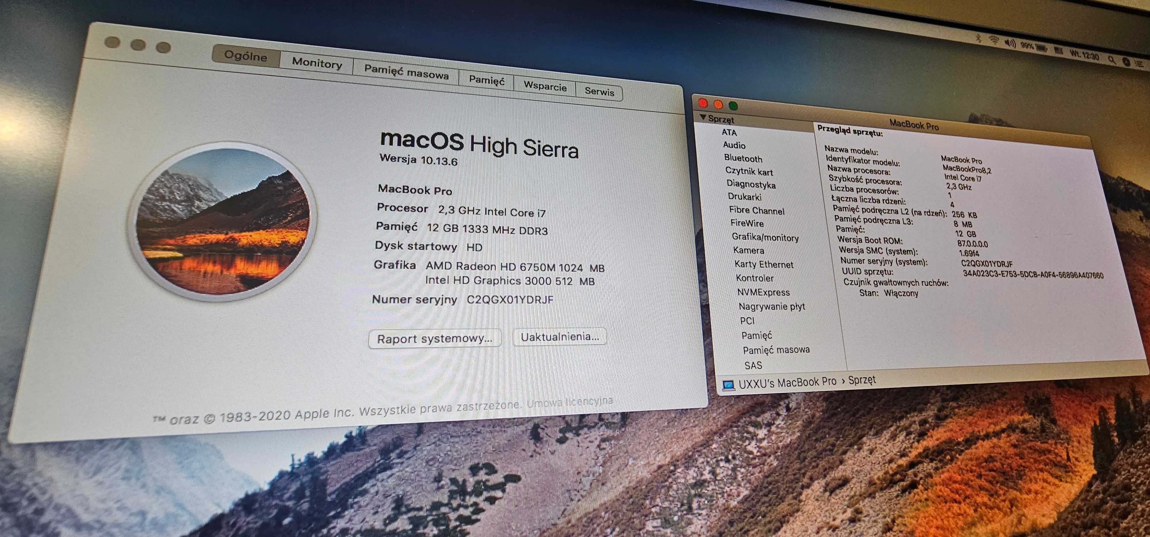 Apple MacBook Pro15 i7 intel 4x2,30Ghz/12/256ssD/High Sierra/WiFi/Blue