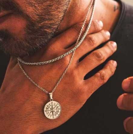 Naszyjnik kompas + łańcuszek | Srebrny kolor | Srebrzone wykończenie
