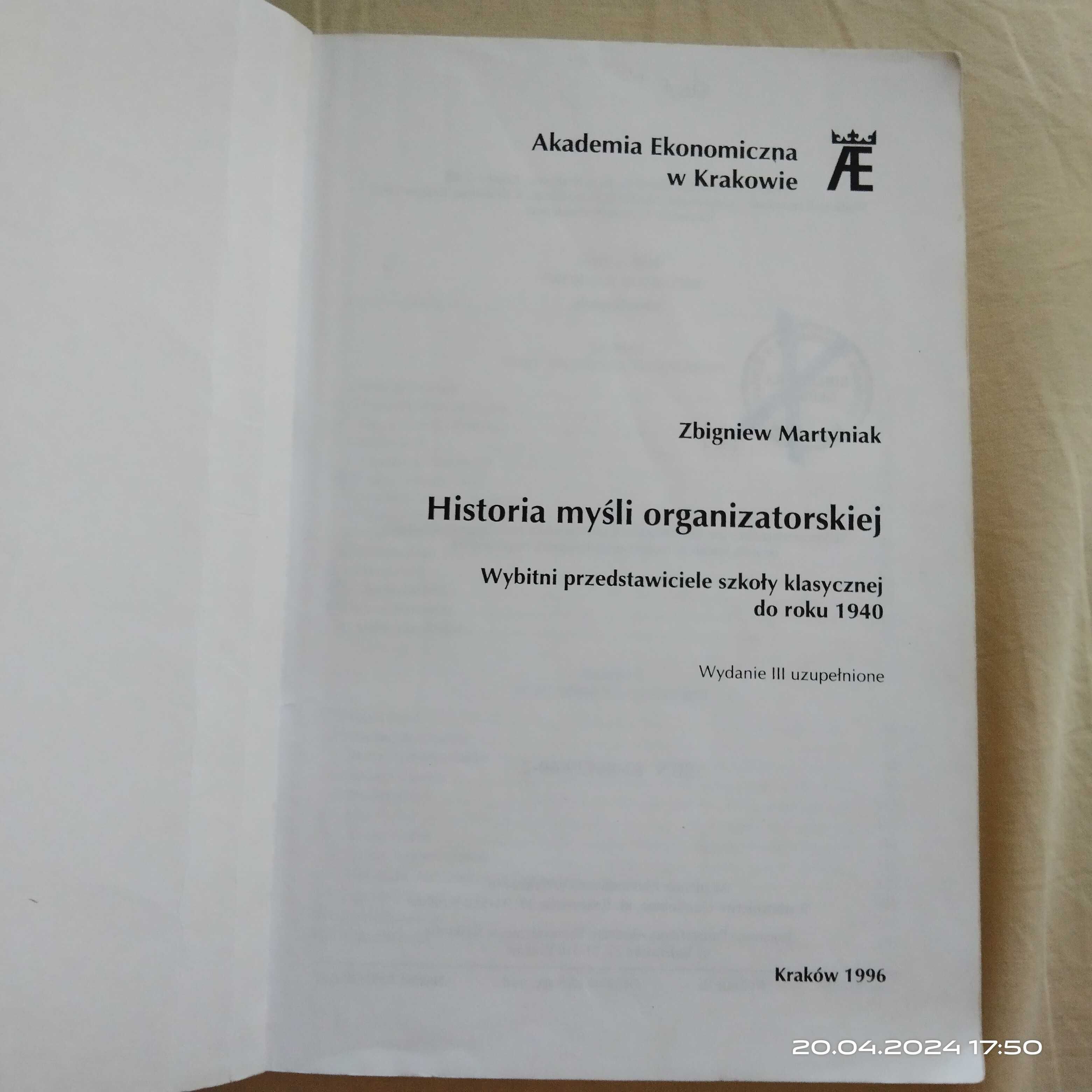 Książka "Historia myśli organizatorskiej" Z. Martyniak