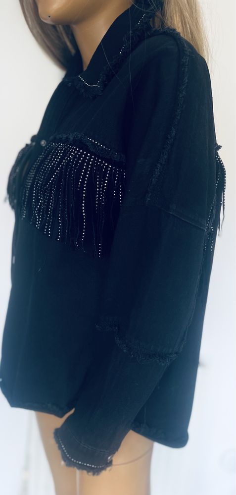 ZARA czarna koszula jeansowa z frędzlami XS oversize