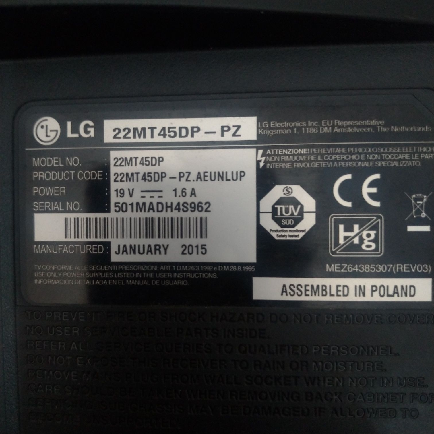 TV LG 22MT45DP avaria no ecrã