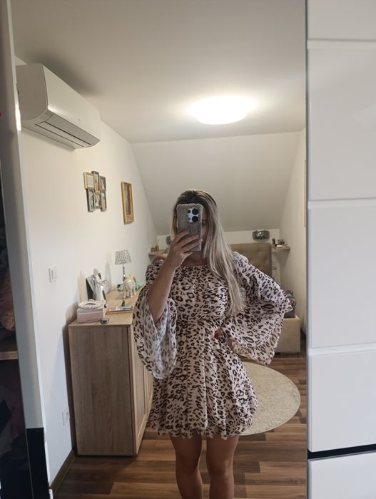 Sukienka zwiewna hiszpanka odkryte ramiona panterka xs s koktajlowa