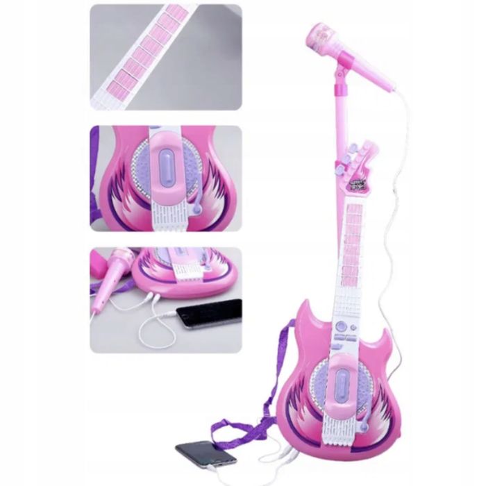 Gitara Elektryczna Z Mikrofonem Dla Dzieci Zestaw Karaoke Różowa