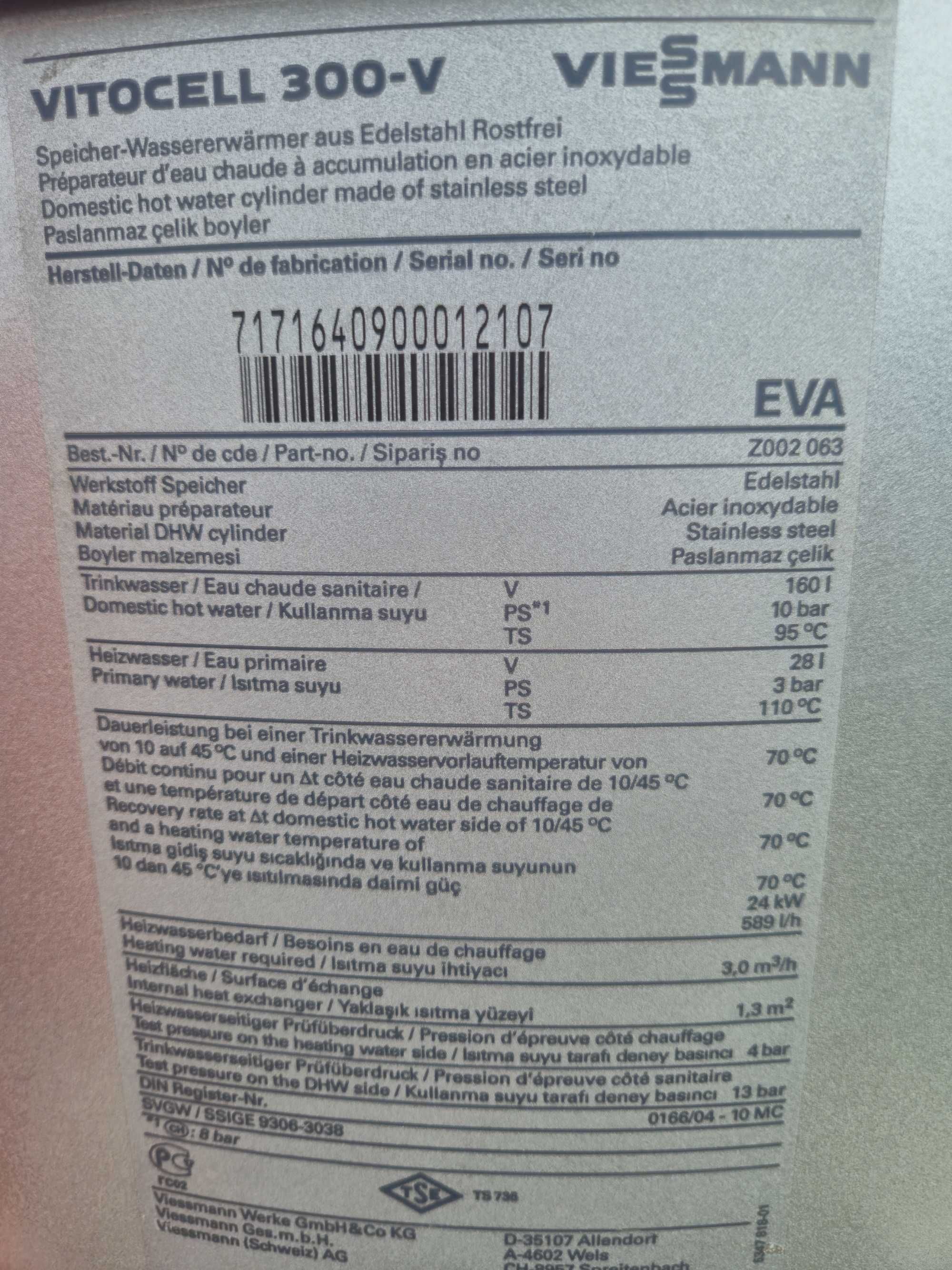 Bojler nierdzewny Viessmann dwupłaszczowy 160l stojący Wysyłka Gwaranc