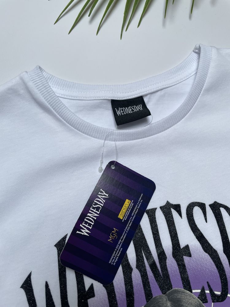 152 158 George bawełniana biała koszulka tshirt brokat Wednesday
