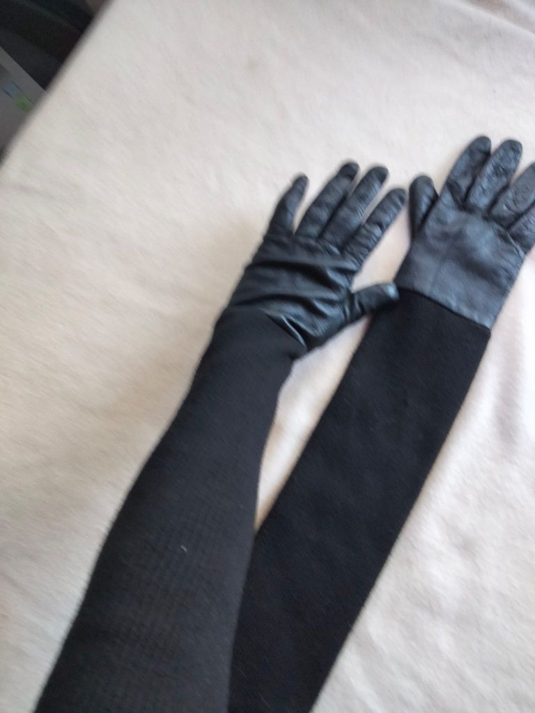 Długie ciepłe czarne rękawiczki goth  z Eco skóry i dzianiny