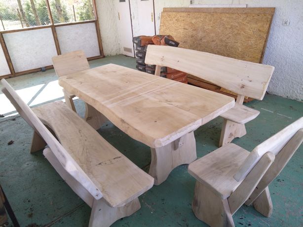 Meble ogrodowe, stół z ławkami, drewniane