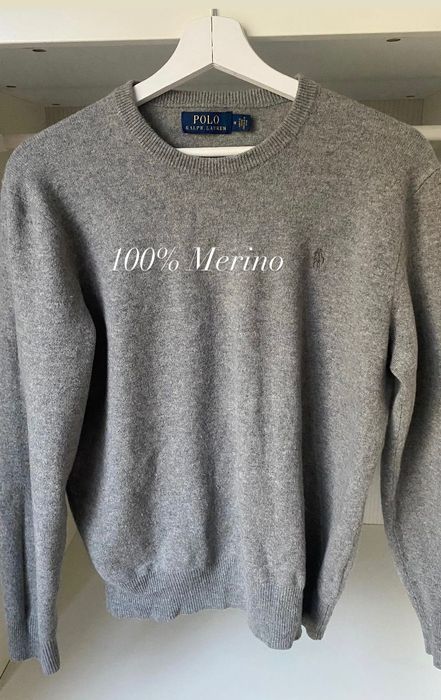 Szary puchaty sweter męski S M 38 100% Merino