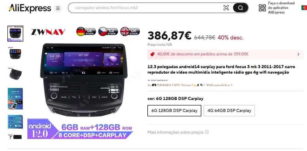 GPS/CarPlay/AutoDSP – 12,3″ Android 14 + 6 GB RAM / 128 GB – NOVO