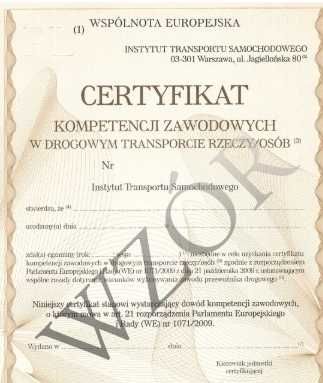 200 zł użyczę Certyfikat Kompetencji Zawodowych w Transporcie RZECZY