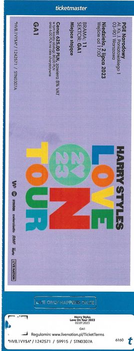 Harry Styles Souvenir Ticket - Płyta GA 1 PG Narodowy 2 lipca 2023