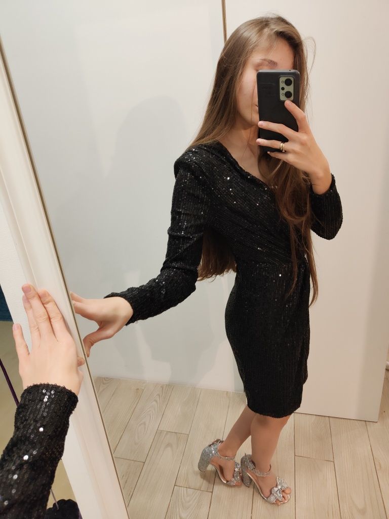Cekinowa sukienka sylwestrowa czarna wieczorowa sukienka krótka sexy