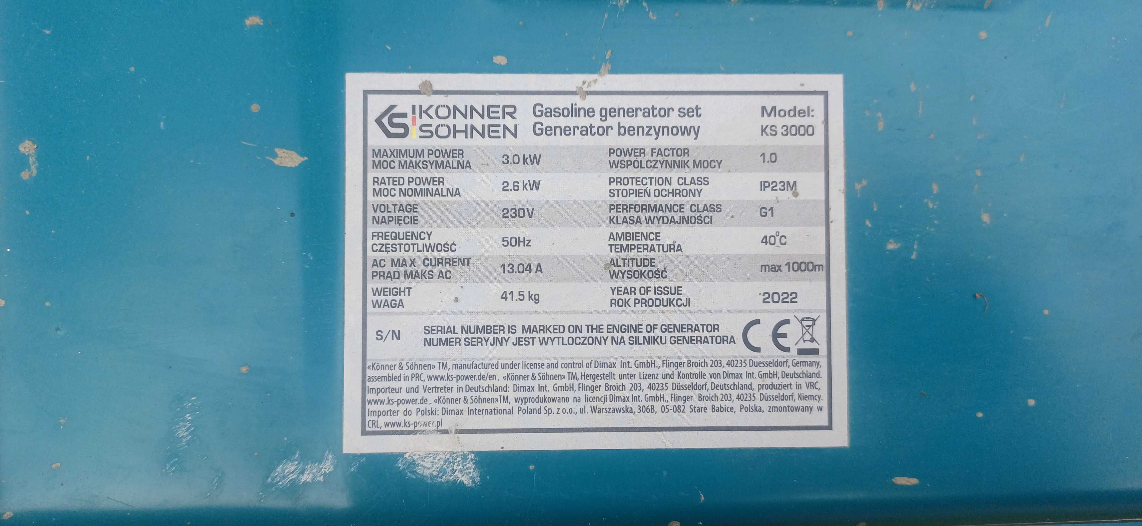 Agregat prądotwórczy, generator Konner Sohnen KS 3000 3kW, AVR, 2022r.