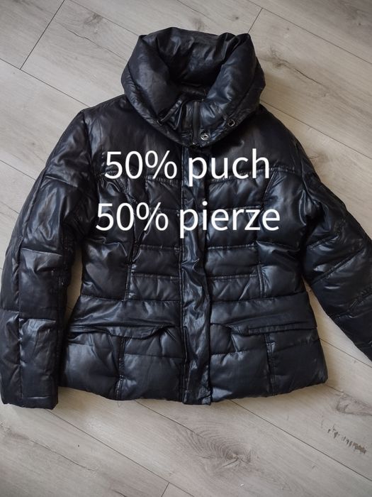 Kurtka puch pierze zimowa czarna bez kaptura z kołnierzem sportowa