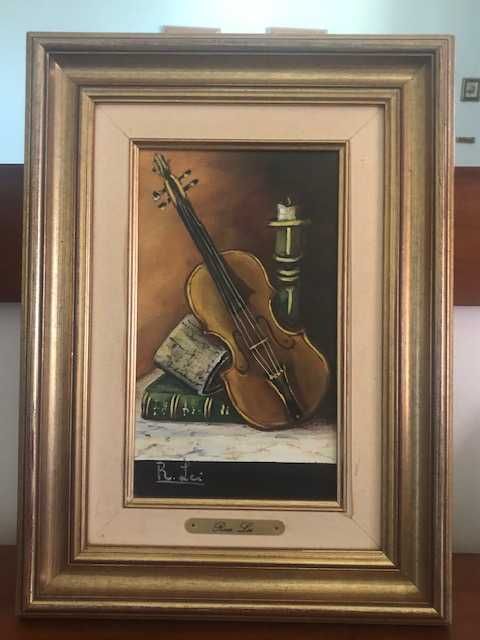 Conjunto 2 quadros óleo desenho violinos. originais assinados Rosa Lei